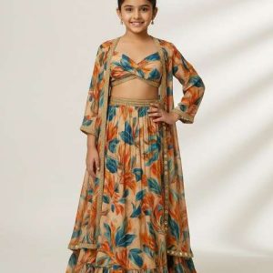 girls multicolor floral print organza lehenga set