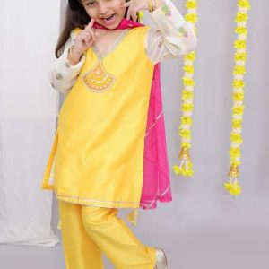 mustard white chanderi emb kurta set for girls