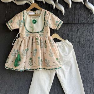 beige floral printed anchor thread kurta set for girls
