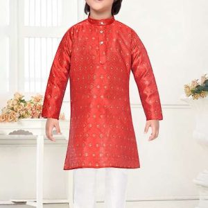 orange jacquard kurta set for boys