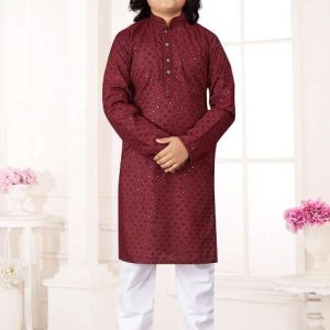 maroon cotton chikankari work kurta pyjama for boys