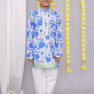 blue rose print kurta set for boys
