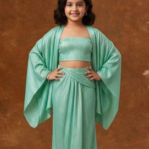 girls sea green solid satin fusion set