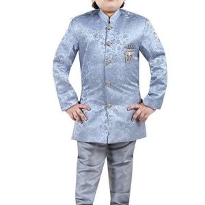 grey self design jacquard kurta set for boys