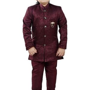 maroon self design jacquard kurta set for boys