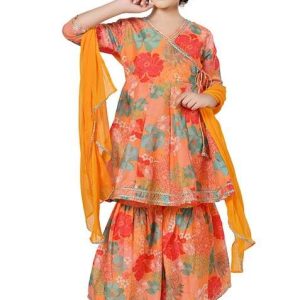 yellow printed chanderi kurta set for girls