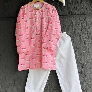 pink bird print kurta set for boys