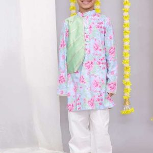 pink rose print kurta set for boys