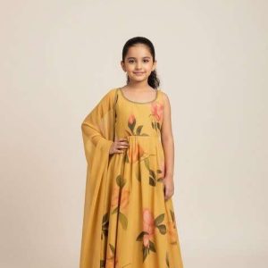 girls yellow floral print organza anarkali set