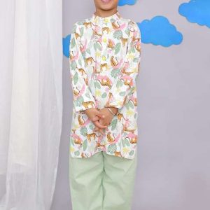 white tiger print kurta set for boys