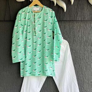 green bird print kurta set for boys
