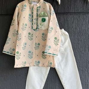 beige floral print anchor thread kurta set for boys