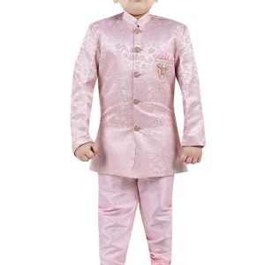 pink self design jacquard kurta set for boys