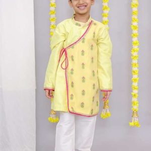 yellow chanderi angrakha for boys