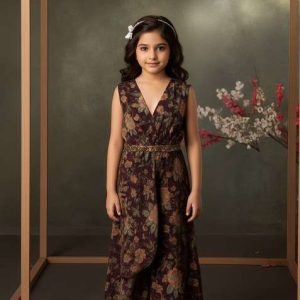 girls wine floral print georgette fusion set