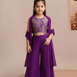 girls purple embroidered georgette fusion set