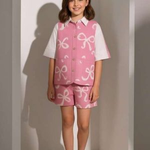 girls pink figure print cotton denim co ord set