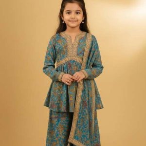 girls powder blue floral print chiffon sharara set