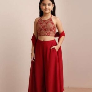 girls red embroidered georgette fusion set