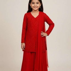 girls red embellished net sharara set