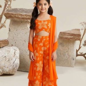 girls orange floral print georgette fusion set