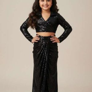 girls black sequin net fusion set