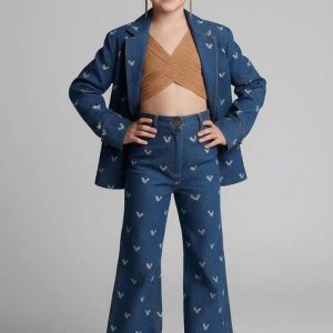 girls dark blue embroidered denim co ord set