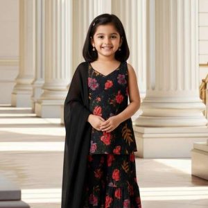 girls charcoal grey floral print cotton sharara set