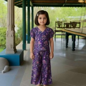 girls purple floral print chinon fusion set