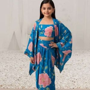 girls blue floral print satin fusion set