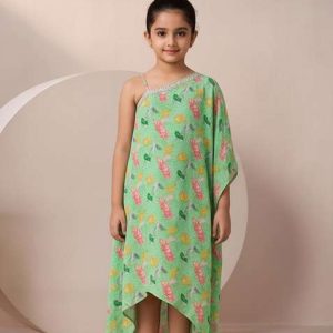 girls mint green floral print chinon fusion set