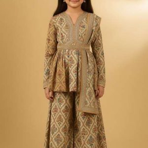 girls beige floral print chiffon sharara set