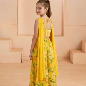 girls yellow floral print georgette fusion set