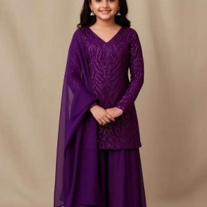 girls purple embellished net sharara set