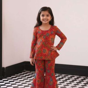girls fiery red floral print chiffon sharara set