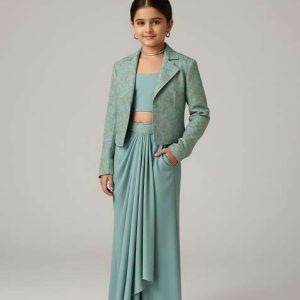 girls blue embroidered jacquard fusion set