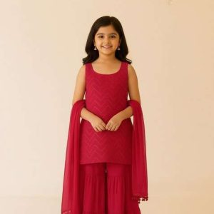 girls red embroidered net sharara set