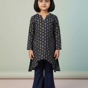girls blue embroidered silk fusion set