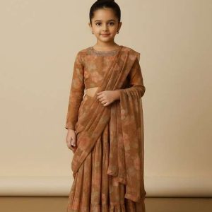 girls brown floral print chiffon fusion set