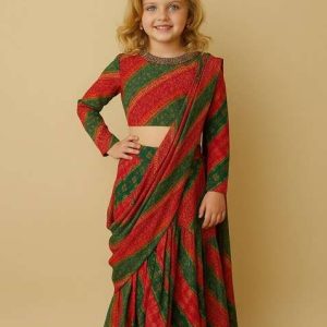 girls pink and green bandhani print chiffon fusion set