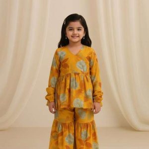 girls yellow floral print georgette sharara set