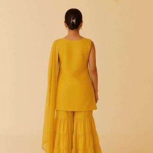 girls yellow embroidered net sharara set