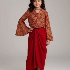 girls red brocade fusion set