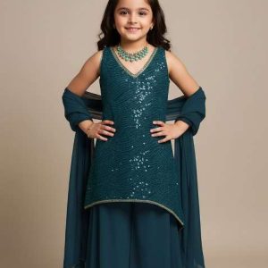 girls teal blue embroidered georgette sharara set