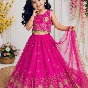 rani pink embroidery silk lehenga for girls