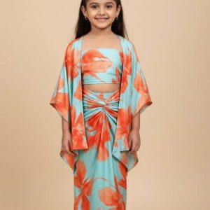 girls sky blue floral print silk fusion set