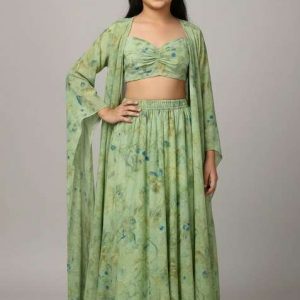 girls light green floral print tissue lehenga set