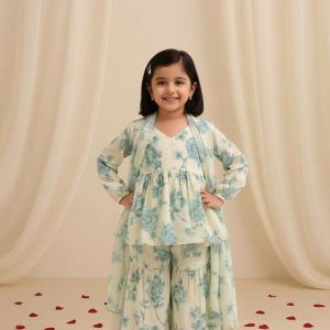 girls white floral print georgette sharara set