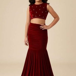 girls maroon solid crepe fusion set