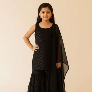 girls black embroidered net sharara set